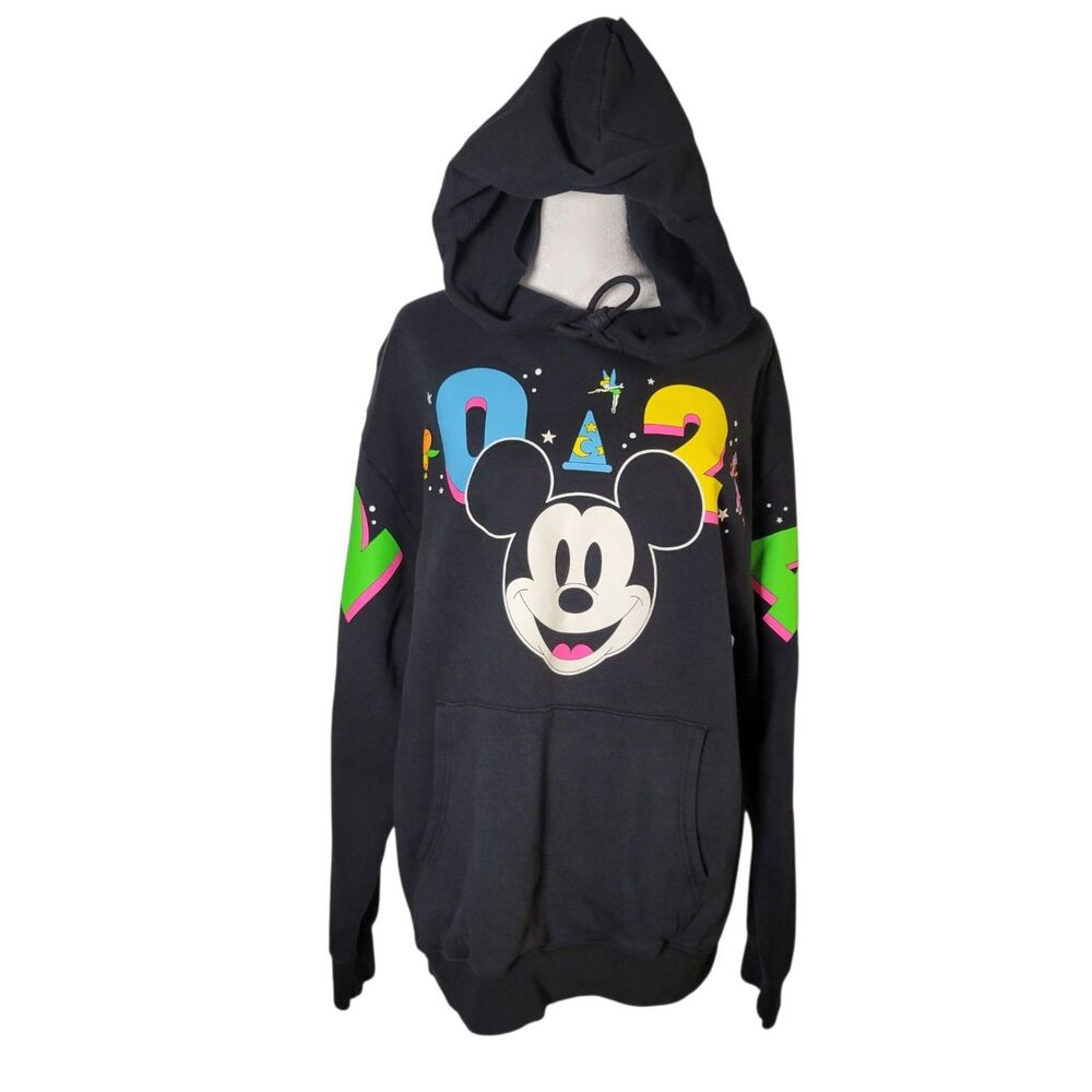 Disney Parks 2024 Mickey Mouse Hoodie Black Neon Graphic Pullover Size L Unisex